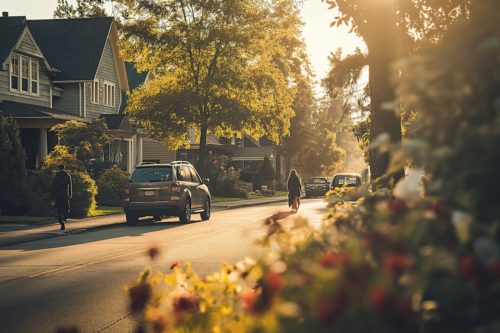 Quartier résidentiel avec voiture stationnée